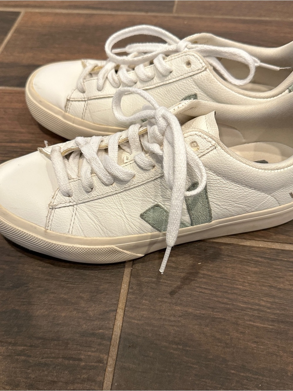 Veja White Leather Sneakers with Sage Green V Logo